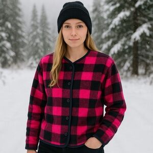 vintage David Wayne plaid Buffalo jacket L boxy snuggly lightweight hot pink